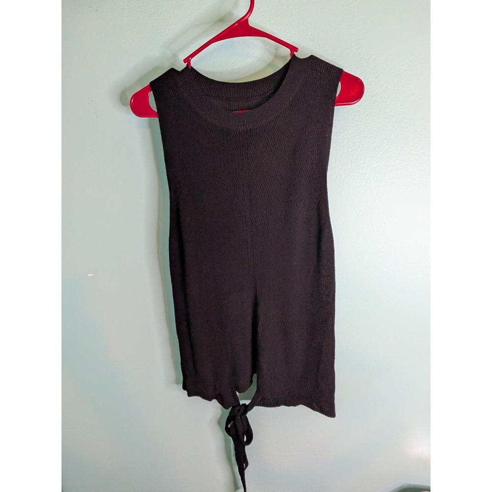 Black Ribbed Knit Sleeveless Open Back Tie Hem Top Medium Viscose Crew Neck
